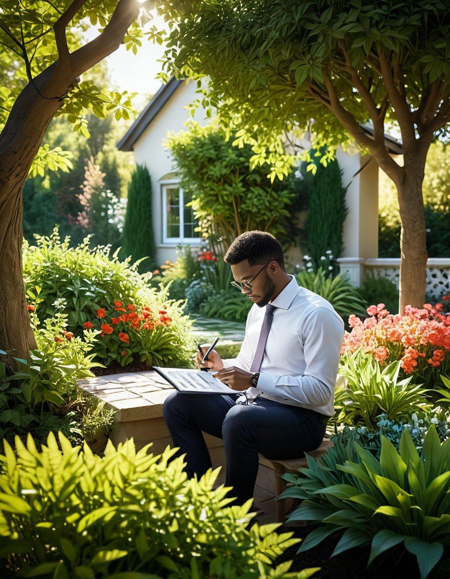 A serene landscape depicting a flourishing garden with flourishing plants symbolizing growth and prosperity. In the foreground, a savvy investor examining financial charts and graphs on a tablet, surrounded by keys representing access to credit solutions. Soft sunlight filtering through the trees creates an atmosphere of tranquility and hope. super-realistic. vibrant colors. 3D.