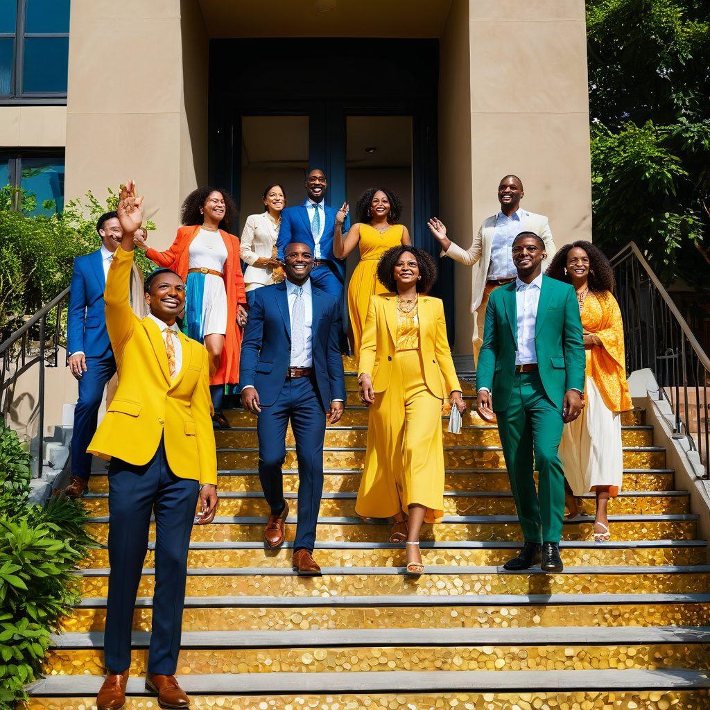 A diverse group of individuals joyfully ascending a staircase made of gold coins, symbolizing economic empowerment and wealth creation. The background features vibrant cityscapes with financial growth graphs and flourishing plants, representing prosperity. Include warm sunlight illuminating the scene, suggesting hope and success. super-realistic. vibrant colors. inspirational atmosphere.