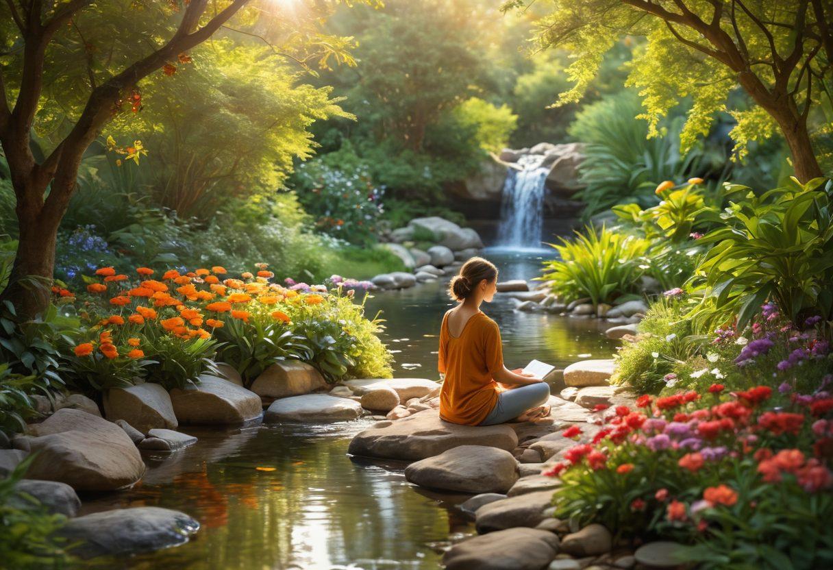 A serene garden filled with diverse plants and flowers symbolizing growth and prosperity, with a gentle stream flowing through, representing financial wellness. In the foreground, a person meditating with a notebook and coins around them, embodying mindfulness and financial empowerment. Soft sunlight filtering through leaves, creating a warm and inviting atmosphere. The colors should be vibrant and uplifting, promoting a sense of joy and contentment. painting. vibrant colors.